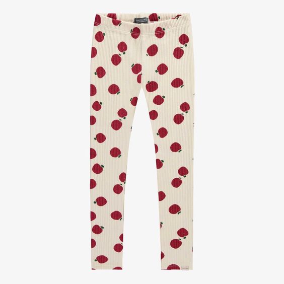 Child Cream Rib-Knit Leggings with Red Apple Pattern