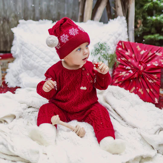 Baby Red Hat in Twisted Knit with Pompom