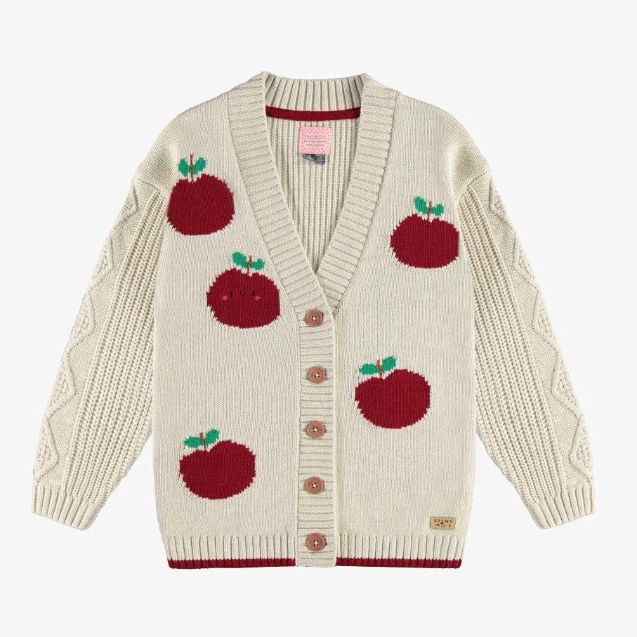 Child Beige Knitted Vest Relax Fit with a Jacquard Print of Red Apples