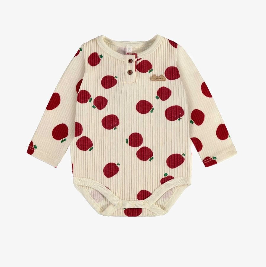 Baby Cream Rib-Knit Bodysuit with Red Apples