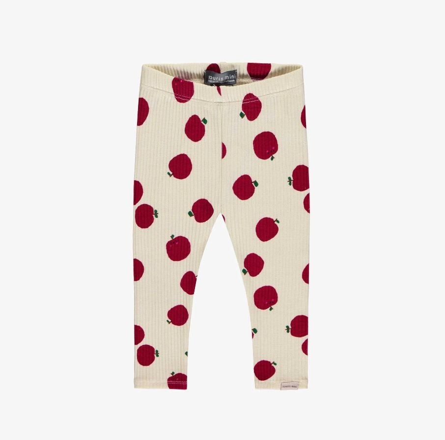 Baby Cream Rib-Knit Leggings with Red Apple Pattern