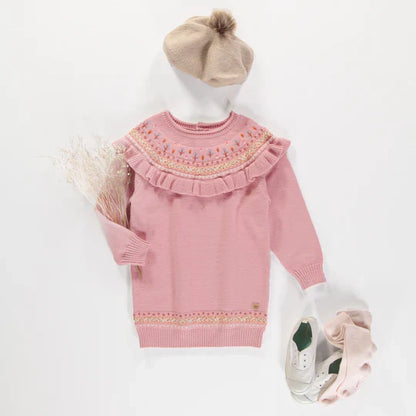 Child Long-Sleeved Knit Dress - Pink Floral Jacquard