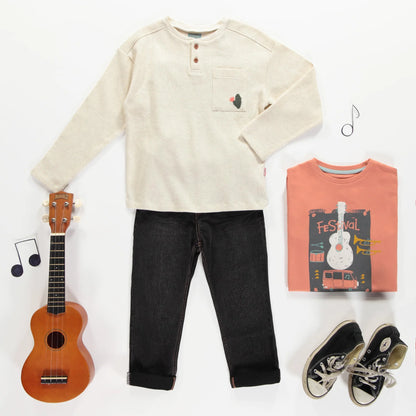 Child Cream Long Sleeved T-Shirt with Henley Collar in Waffled Cotton