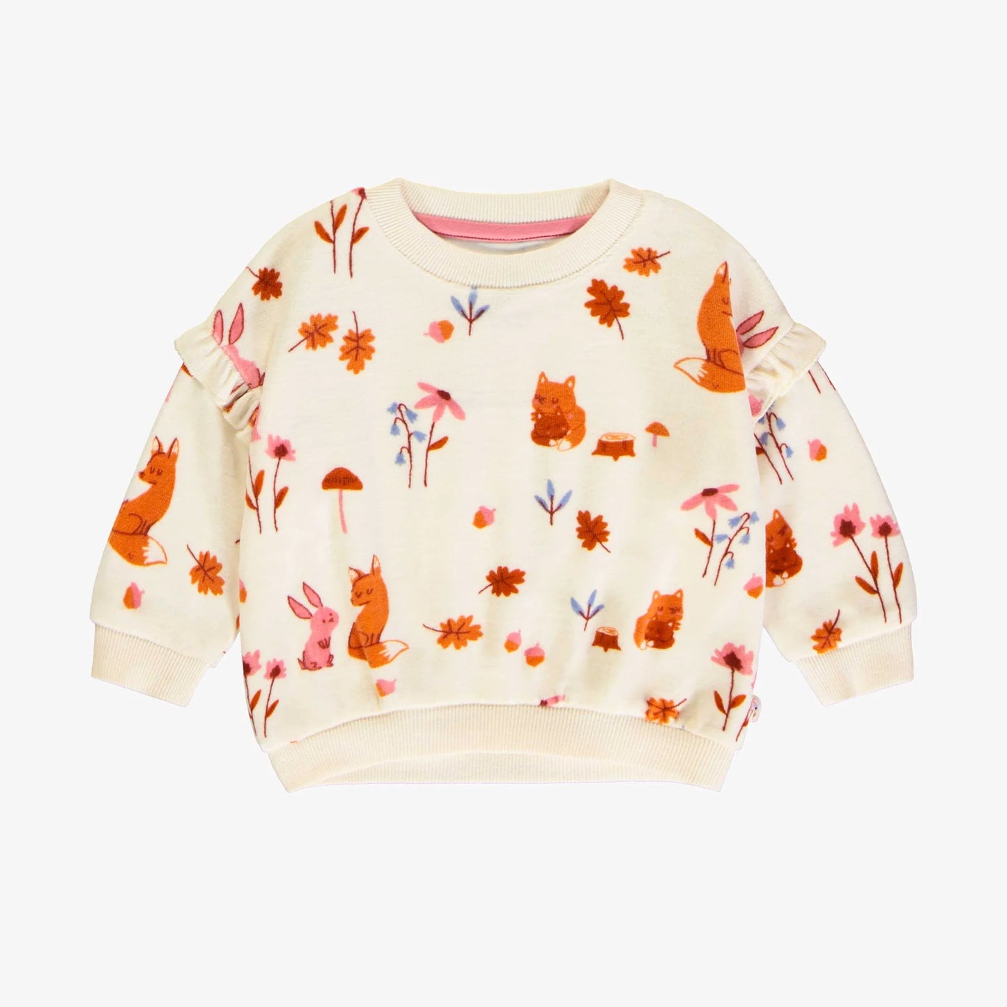 Baby Cream Fox Print Sweater with Long Ruffled Sleeves in Velvet