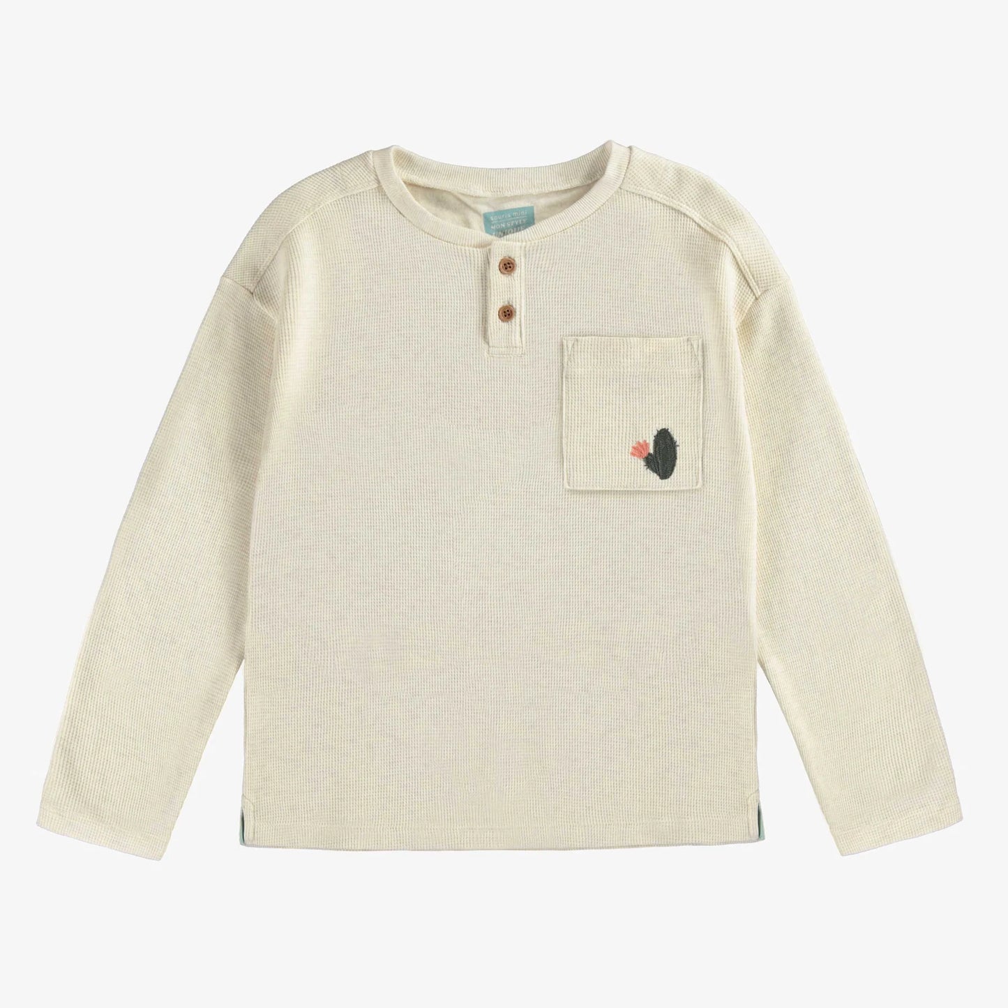 Child Cream Long Sleeved T-Shirt with Henley Collar in Waffled Cotton