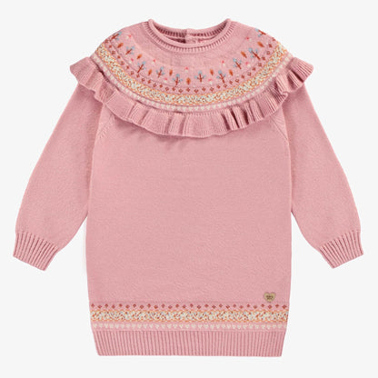 Child Long-Sleeved Knit Dress - Pink Floral Jacquard