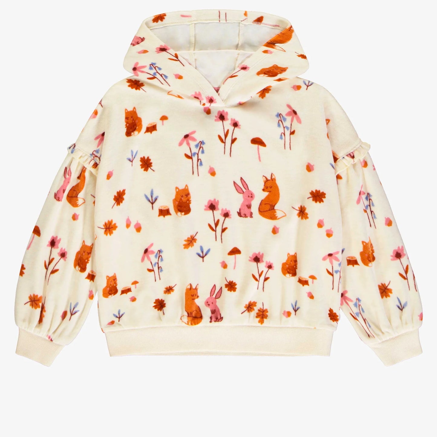 Child Cream Fox Print Sweater with Ruffled Sleeves in Velvet