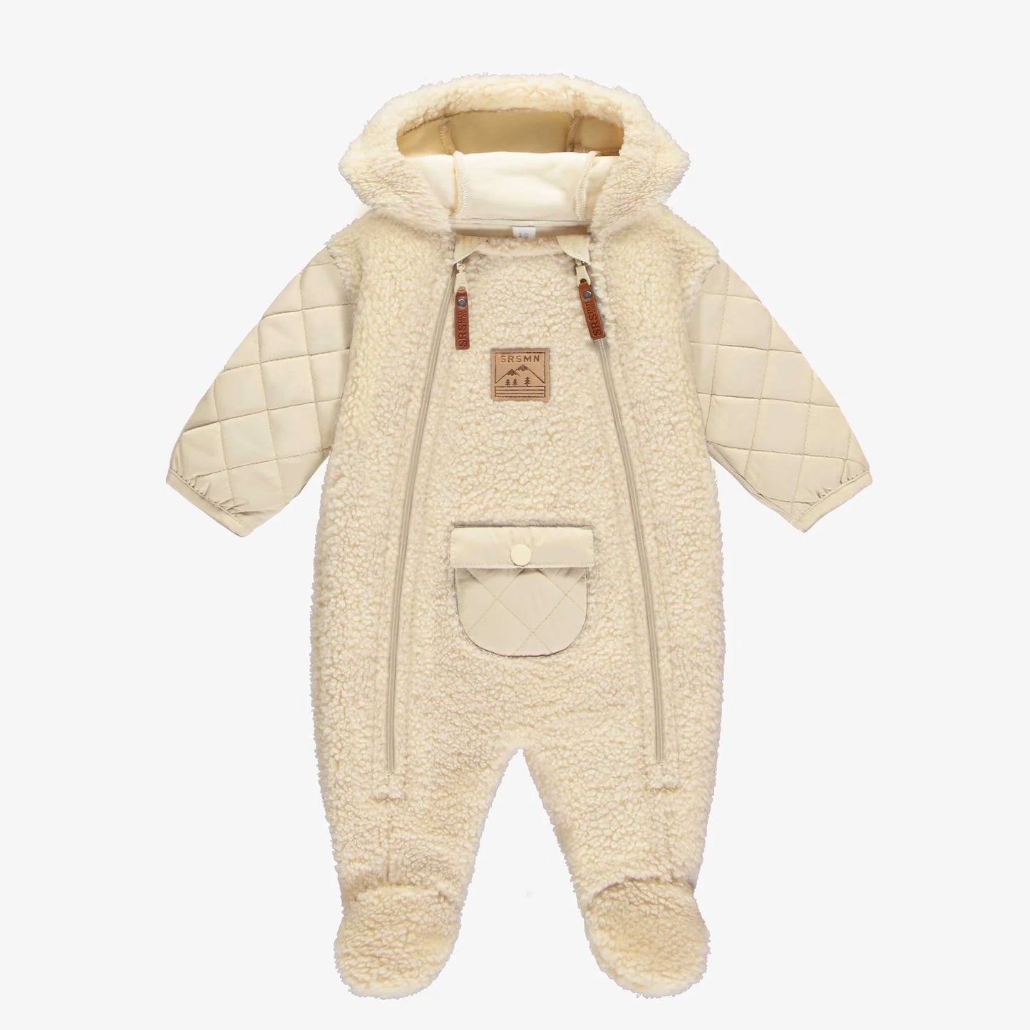 Baby Cream Hooded One-Piece with Quilted Sleeves in Sherpa