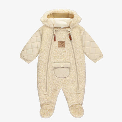 Baby Cream Hooded One-Piece with Quilted Sleeves in Sherpa