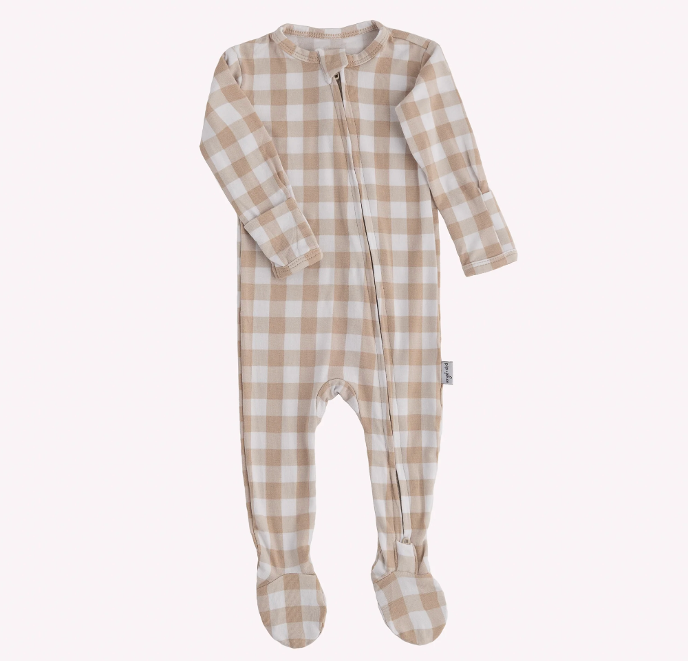 Bamboo Footed Sleeper - Tan Gingham