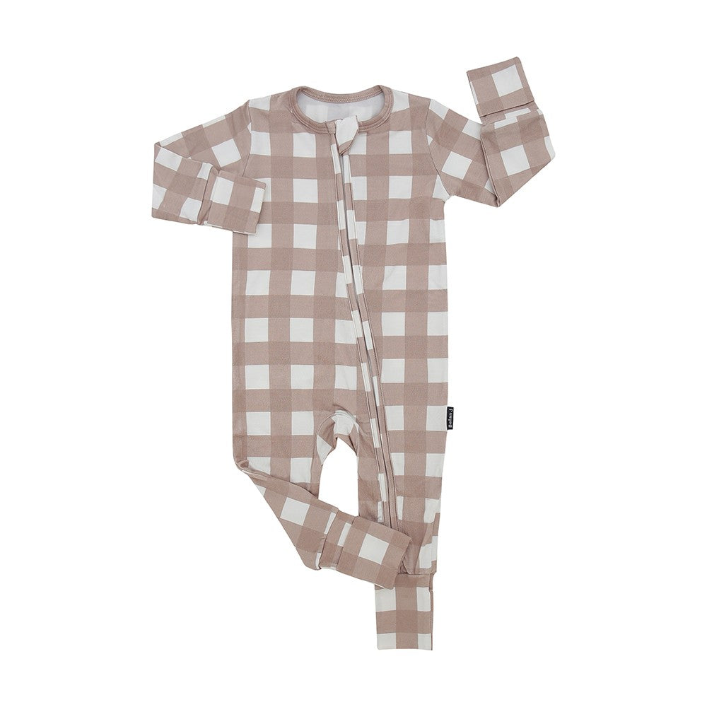 Footless Sleeper with Fold-Over Cuffs - Taupe Plaid