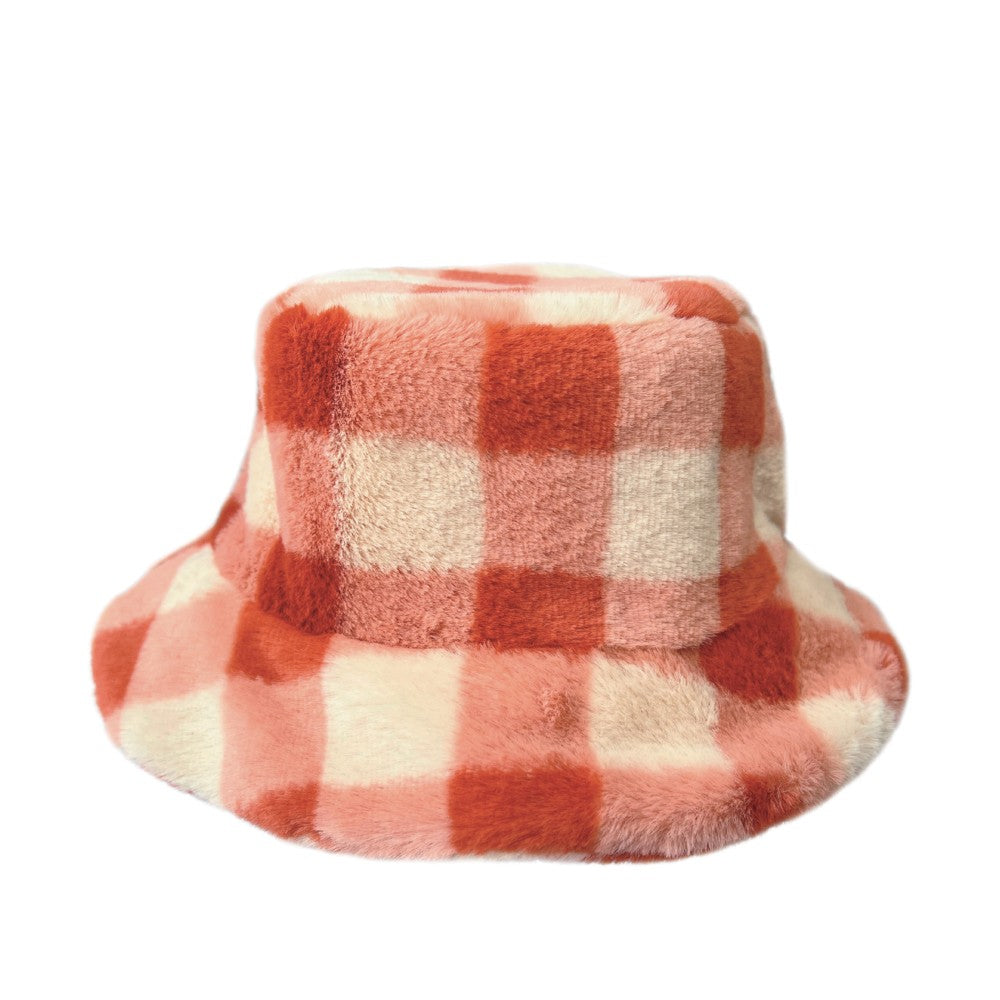 Furry Checked Bucket Hat - Coral