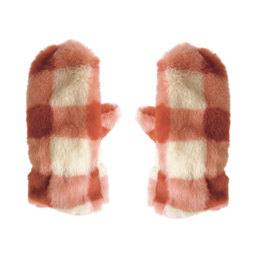 Furry Checked Mittens - Coral