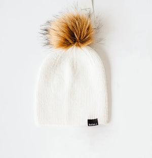 Kids Beanie with Faux Fur Pompom - White