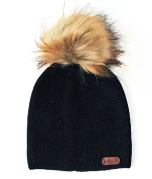 Kids Beanie with Faux Fur Pompom - Black