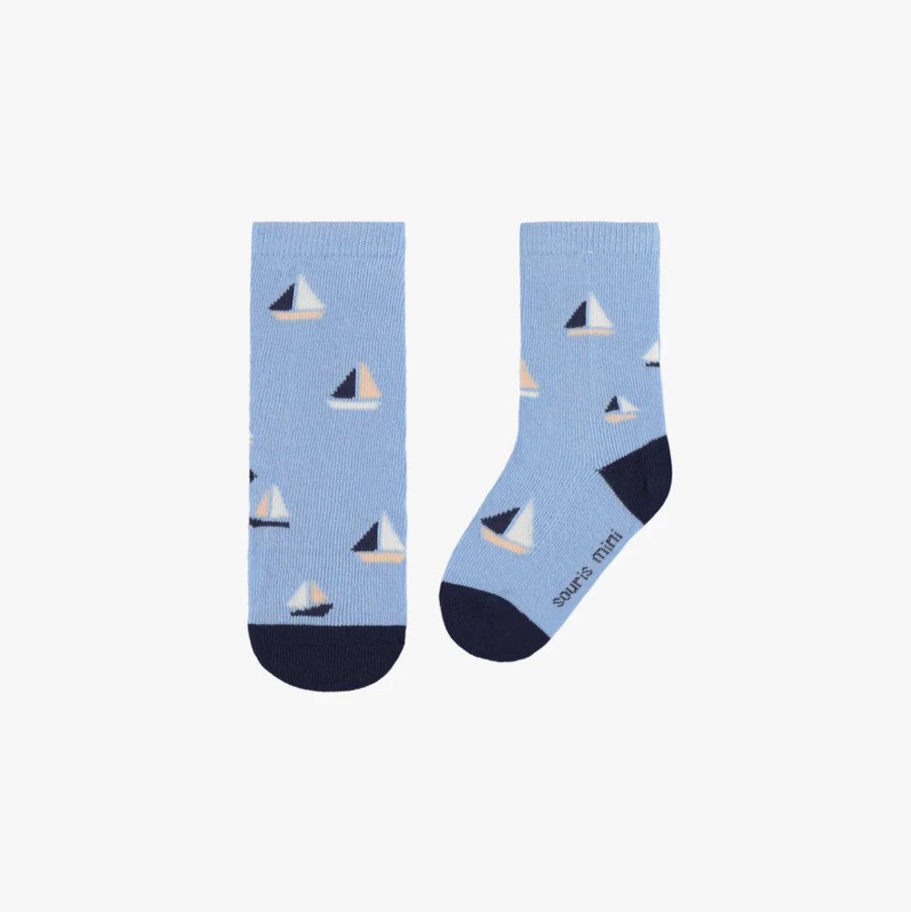 Baby Socks - Light Blue with Sailboat Print