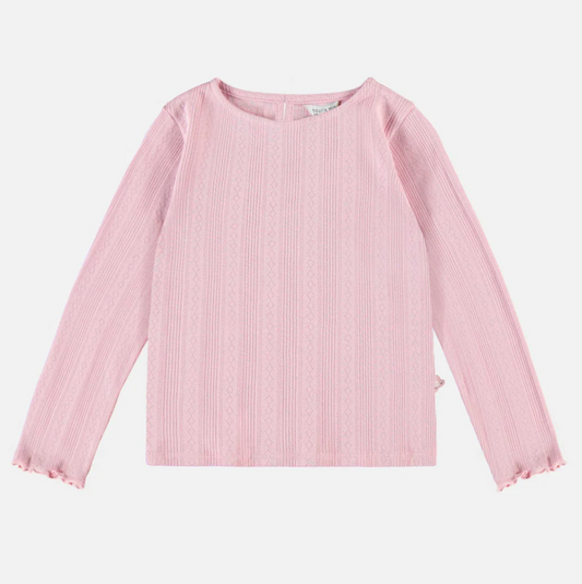 Child Long-Sleeved Slim Fit Pink T-Shirt in Pink Ribbed Pointelle