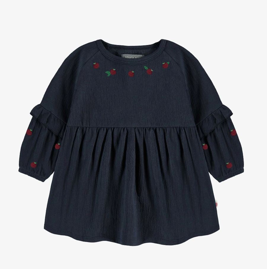 Long-Sleeve Relaxed and Flared Fit Dress - Navy with Apple Embroidery