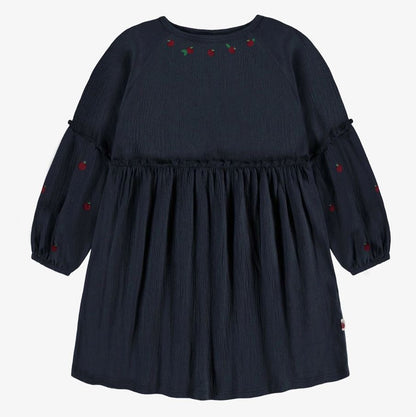 Long-Sleeve Relaxed and Flared Fit Dress - Navy with Apple Embroidery