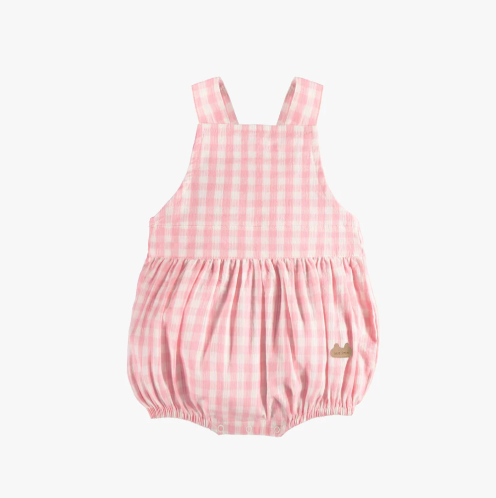 Baby Pink and White Plaid One-Piece with Large Straps in Seersucker