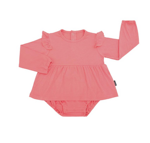 Long Sleeves Skirted Onesie - Hot Pink Ribbed