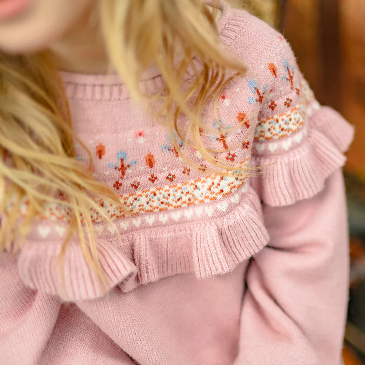 Child Long-Sleeved Knit Dress - Pink Floral Jacquard