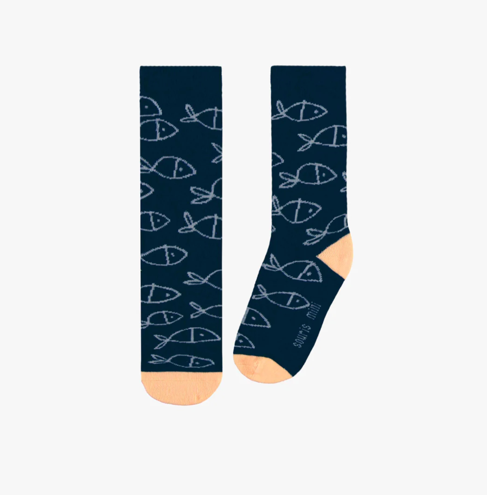 Child Navy Socks with All-Over Fish Print