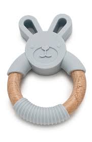 Bunny Silicone and Wood Teething Ring - Light Grey