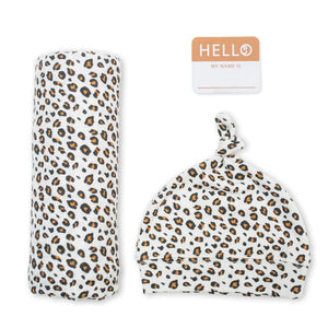 Hello World Newborn Set | Swaddle, Hat, Sticker - Leopard