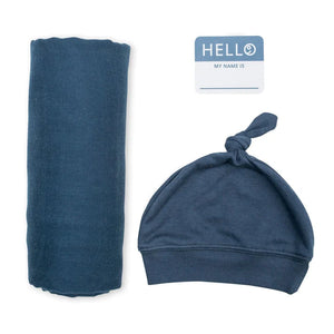 Hello World Newborn Set | Swaddle, Hat, Sticker - Navy