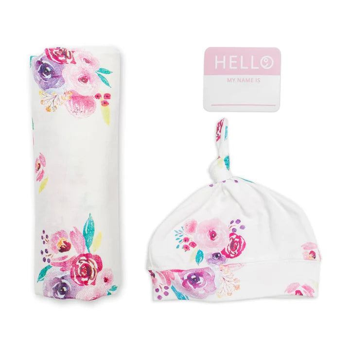 Hello World Newborn Set | Swaddle, Hat, Sticker - Posies